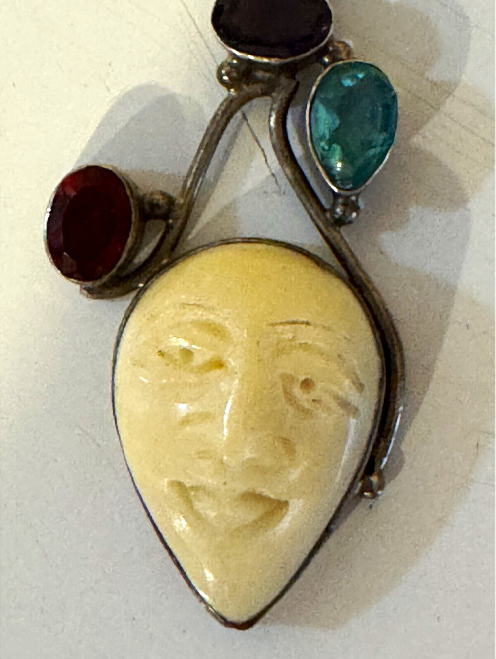 925 Sterling Silver Carved Face Multi Gemstone Balinese Pendant 2.25”